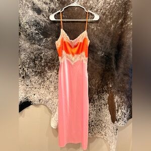 12th Tribe Orange and Pink Satin Slip Dress with Lace Trim